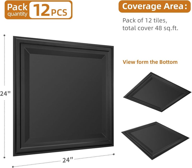 WOWSTAR 12-Pack 24"x24" Drop Ceiling Tiles, Waterproof Glue up Ceiling Panels, Black - Image 4